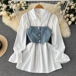 Set Of 2 : Bell-sleeve Plain Shirtdress + Suspender Denim Cropped Top