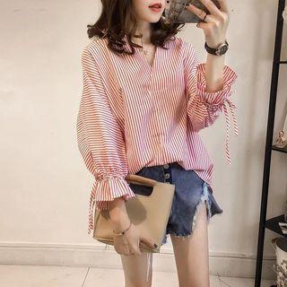 Striped Batwing V-neck Lace-up Blouse