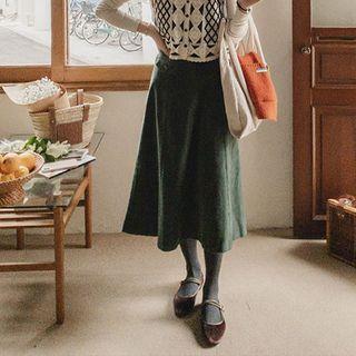 Faux-pocket Corduroy Flared Long Skirt