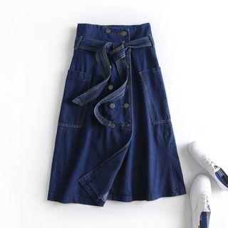Double-breasted Midi A-line Denim Skirt