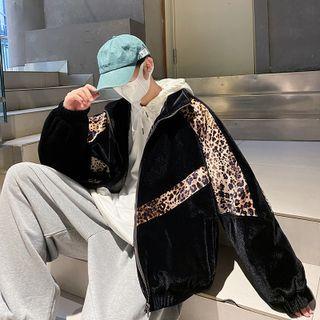 Printed Leopard Woolen Zip Oversize Jacket