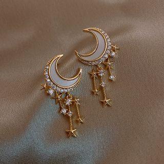 Moon & Star Rhinestone Fringed Earring 1 Pair - Gold - One Size