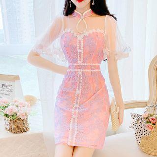 Mesh Panel Short-sleeve Mini A-line Qipao