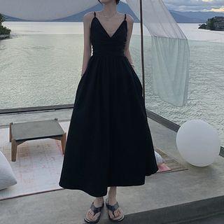 V-neck Open-back Strappy Dress Black - One Size