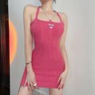 Halter-neck Heart Embroidered Knit Mini Sheath Dress