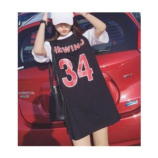 Mock Two Piece Lettering Color Panel Short Sleeve T-shirt Dress