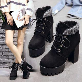 Platform Block Heel Furry Trim Lace-up Short Boots