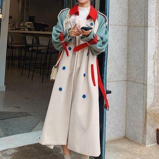 Color Panel Double Breasted Long Coat