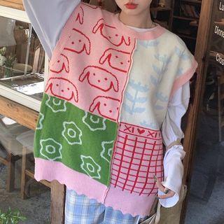 Cartoon Print Panel Knit Sweater Vest Pink - One Size