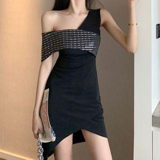One-shoulder Sequined Paneled A-line Dress