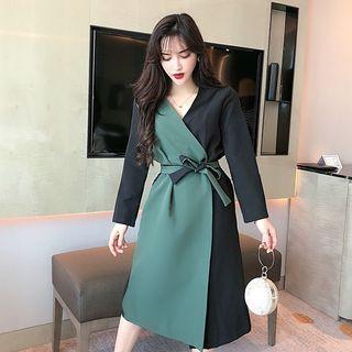 Two-tone Tie-waist Long-sleeve Midi Shift Dress