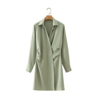 Long-sleeve Plain Lapel Ruched Shirtdress