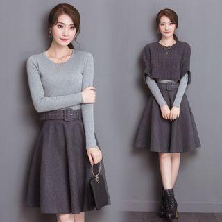 Set: Elbow-sleeve Knit Top + A-line Skirt + Long-sleeve Knit Top