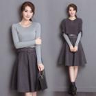 Set: Elbow-sleeve Knit Top + A-line Skirt + Long-sleeve Knit Top