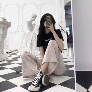 Lettering Slim-fit Short-sleeve T-shirt / Check Wide-leg Pants