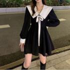 Long-sleeve Collared Ribbon Accent Mini A-line Dress