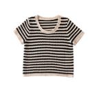 Short-sleeve Striped Crop Knit Top Black & Almond - One Size