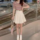 Short-sleeve Striped T-shirt / Pleated A-line Mini Skirt