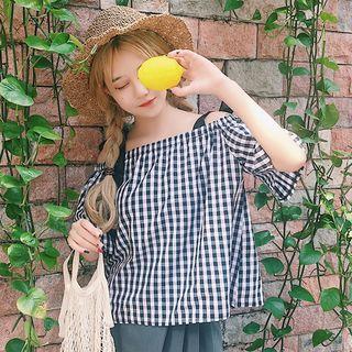 Open Shoulder Gingham Elbow-sleeve Top