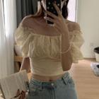Cropped Square-neck Floral Puff-sleeve Top Milky Yellow - One Size