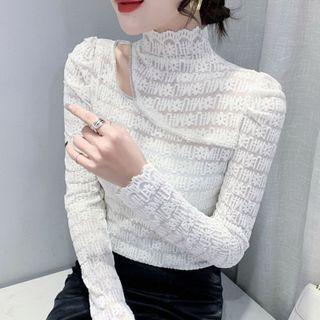 Long-sleeve Mock-neck Cutout Lace Top