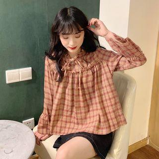 Bell-sleeve Plaid Blouse Plaid - Red - One Size