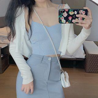 Plaid Camisole Top / High-waist Plain Skirt / Long-sleeve Plain Knit Cardigan