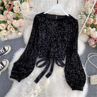 Round-neck Sequined Long-sleeve Crop Top
