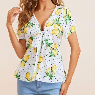 Lemon Print Short-sleeve V-neck Top