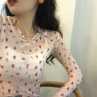 Floral See-through Long-sleeve Slim-fit Top As Figure - One Size