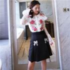 Set: Bell Sleeve Embroidered Lace Top + Sequins Bow Skirt