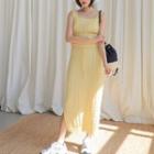 Set: Wide Strap Knit Camisole Top + Midi Cable Knit Skirt Yellow - One Size