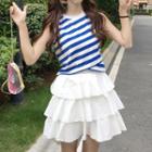 Striped Sleeveless Top / Tiered A-line Skirt