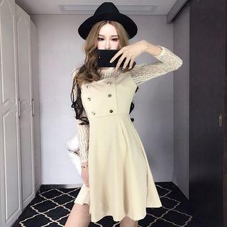 Long-sleeved Crewneck A-line Panel Slim Lace Dress