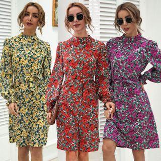 Mock-neck Floral Print Lace-up Dress