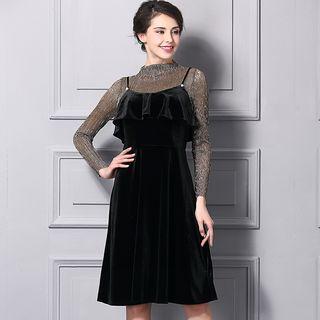Set: Glittered Mock Neck Long Sleeve Top + Velvet Slipdress