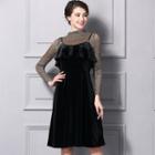 Set: Glittered Mock Neck Long Sleeve Top + Velvet Slipdress