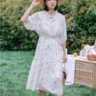 3/4-sleeve Floral Midi Chiffon Dress White - One Size