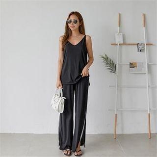 Set: Camisole Top + Pipe-trim Pants Black - One Size