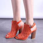 Perforated Peep-toe Ankle Strap Chunky Heel Sandals