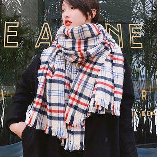 Plaid Fringed Scarf Beige - One Size