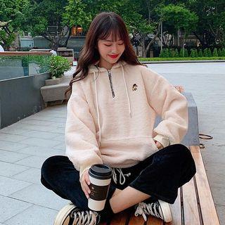 Fleece Long-sleeve Loose-fit Hooded Pullover / Plain Velvet Wide-leg Pants