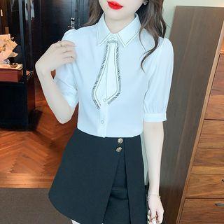 Puff-sleeve Plaid Trim Shirt