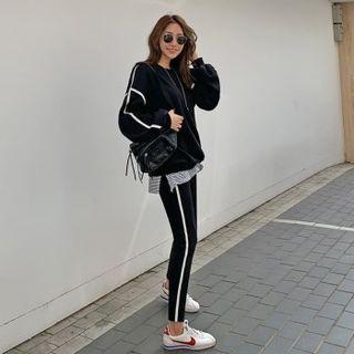 Set: Layered Hem Pipe-trim Sweatshirt + Leggings