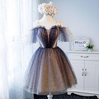 Short-sleeves Cold Shoulder Tulle Short Prom Dress