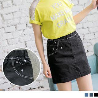 Star Embroidered Elasticized-waist Washed Denim Skirt