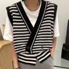 V-neck Stripe Button Knit Vest