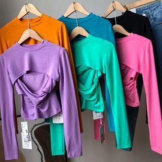 Set: Long-sleeve Crop Top + Twist Camisole Top