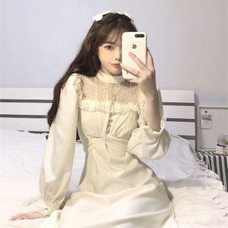 Long-sleeve Lace Panel Midi Dress White - One Size