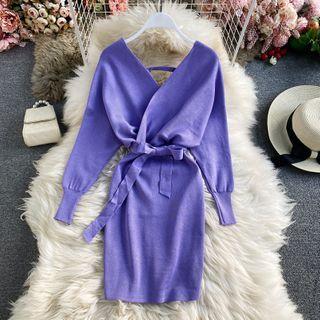 V-neck Plain Knitted Dress